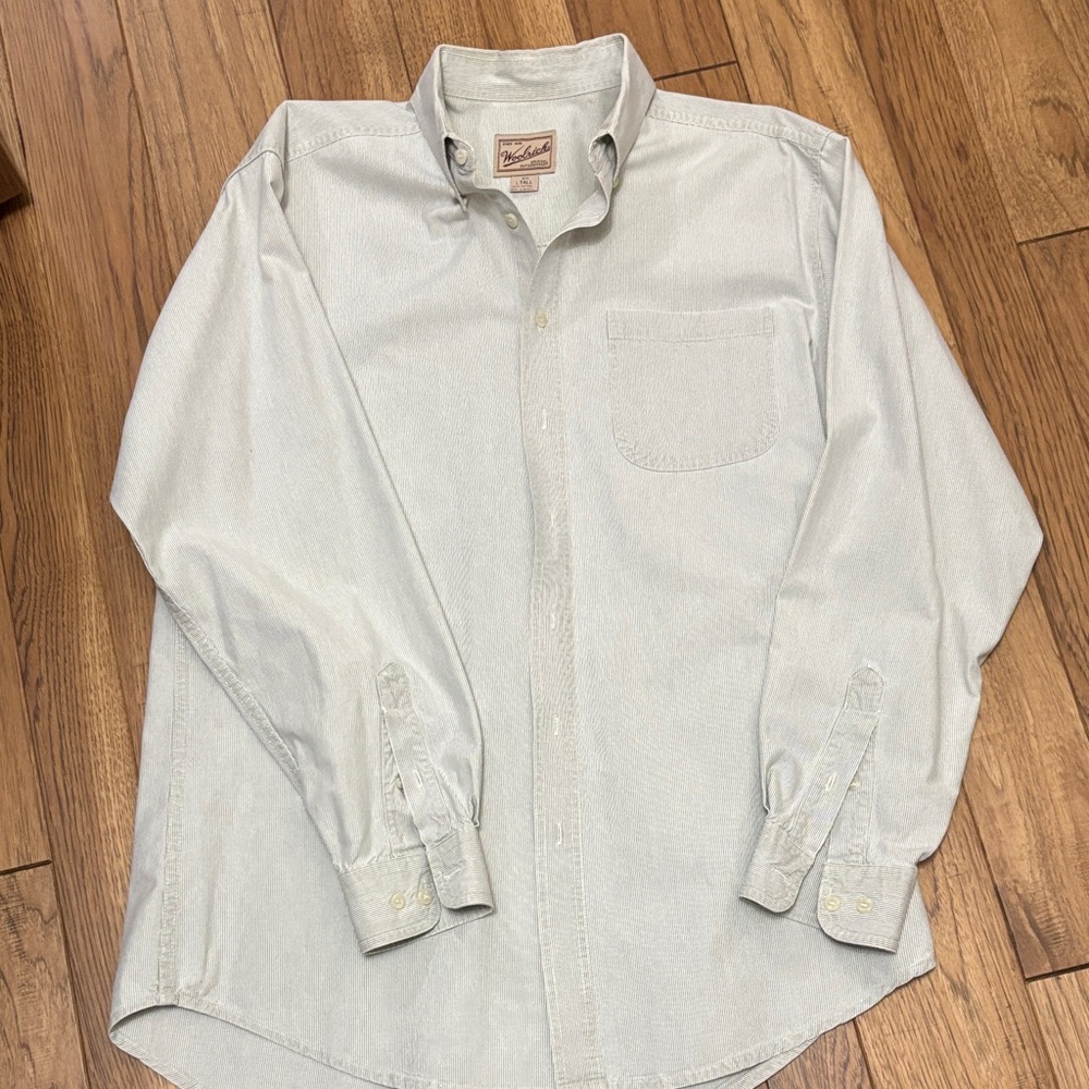 Woolrich Men's Light Green & White Stripe Casual Button-Down Shirt